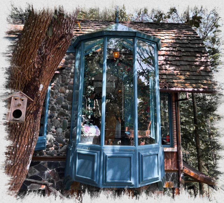 Outside the main bay window.