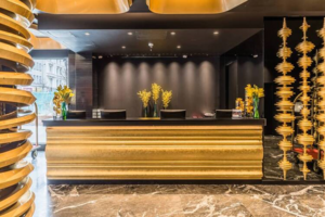 The lobby of the hotel, where guest concerns are resolved.